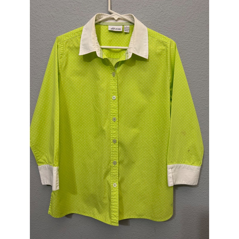 100% Cotton Women Shirt L Lime Green Polka Dot Button Down Contrast Collar Cuff